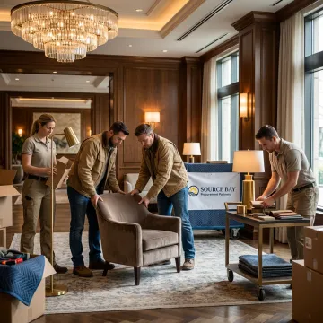 Commercial team installing furniture in a hotel lobby