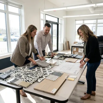 Commercial interior team reviewing flooring samples