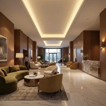 Modern hotel lobby with custom hospitality furnishings