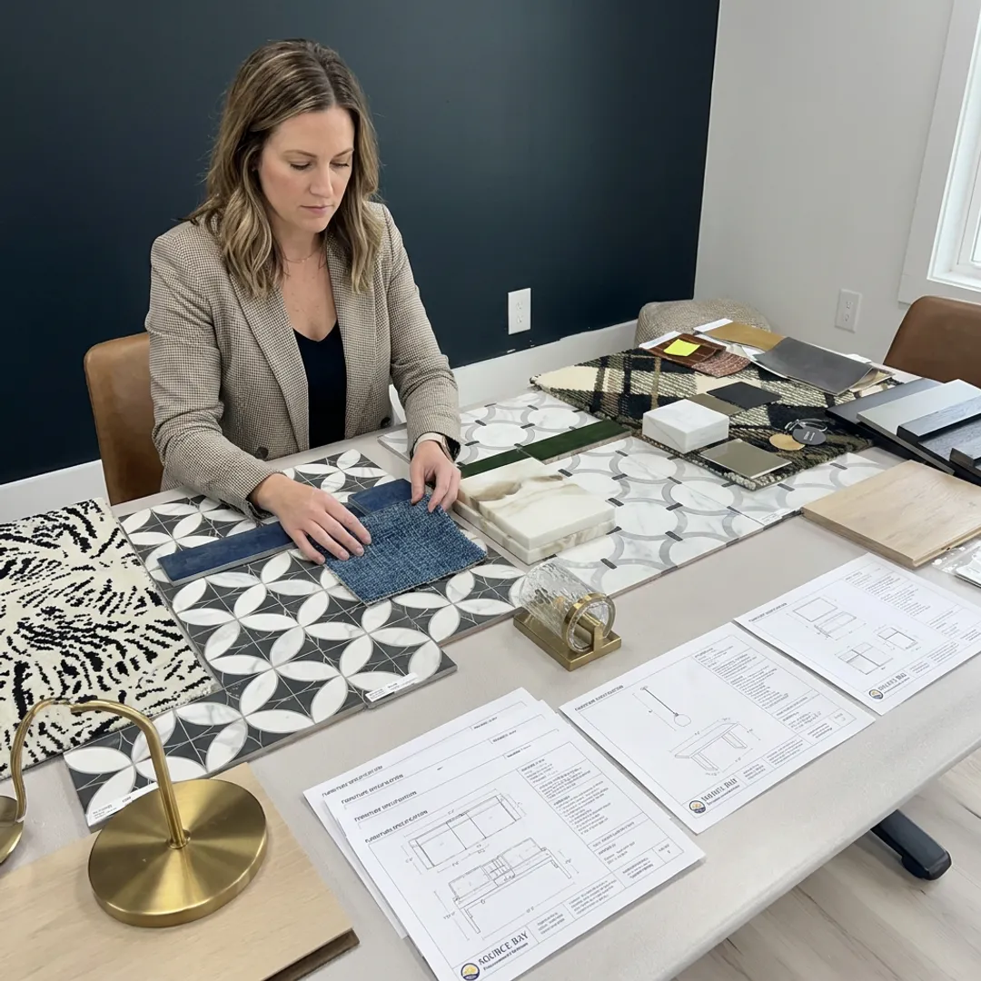 Designer reviewing hospitality furniture and finish samples