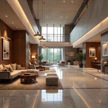 Commercial lobby furnished with coordinated seating and lighting