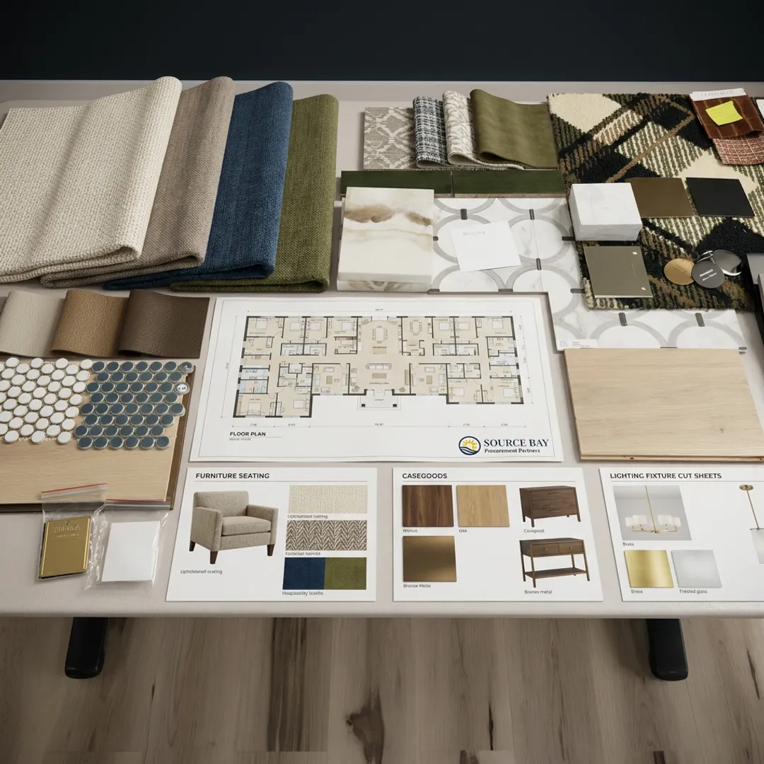 Commercial interior design board with finish samples