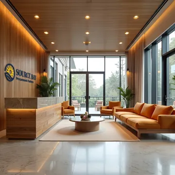 Wood wall paneling in a refined commercial lobby