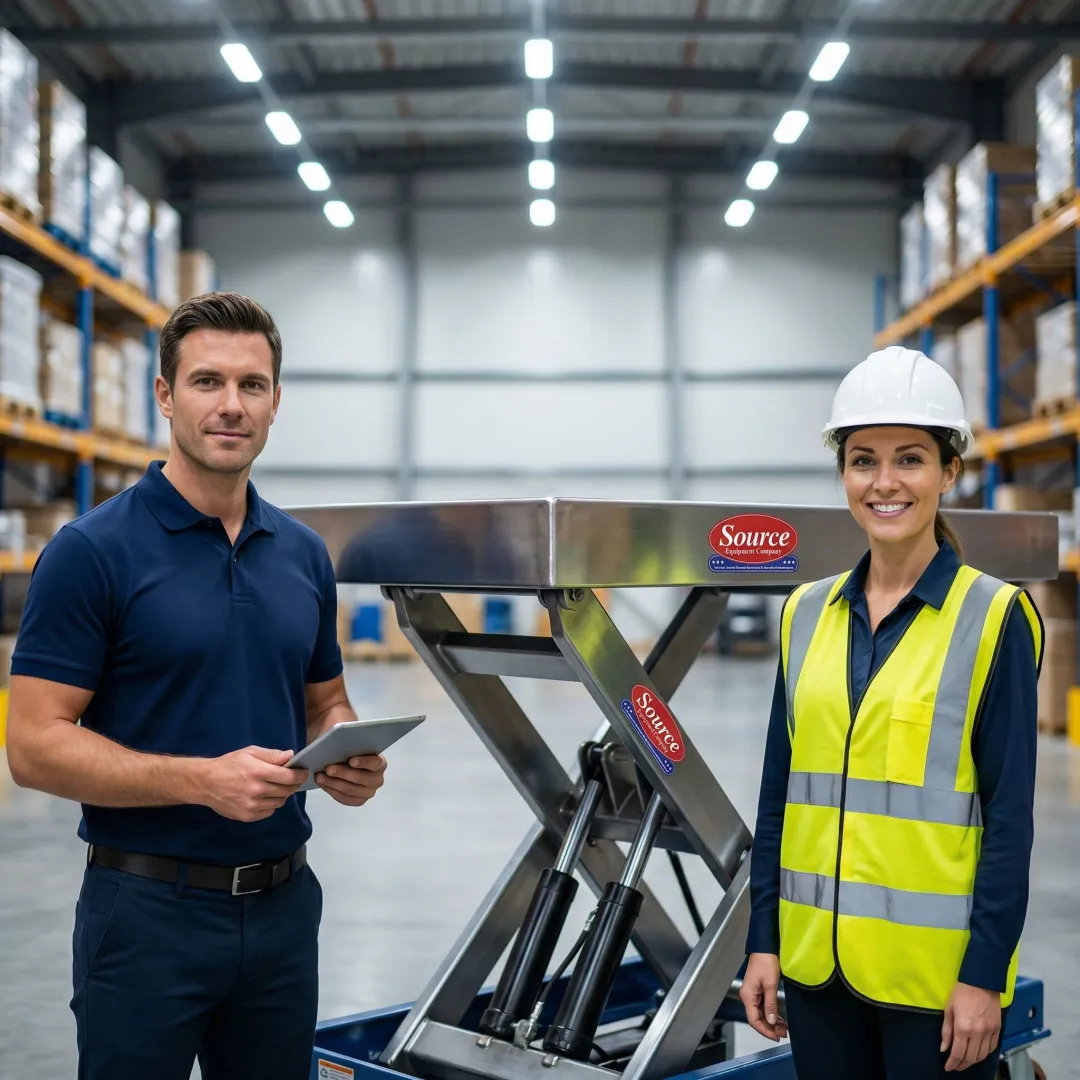 Technician consulting with a warehouse manager about scissor lift table installation