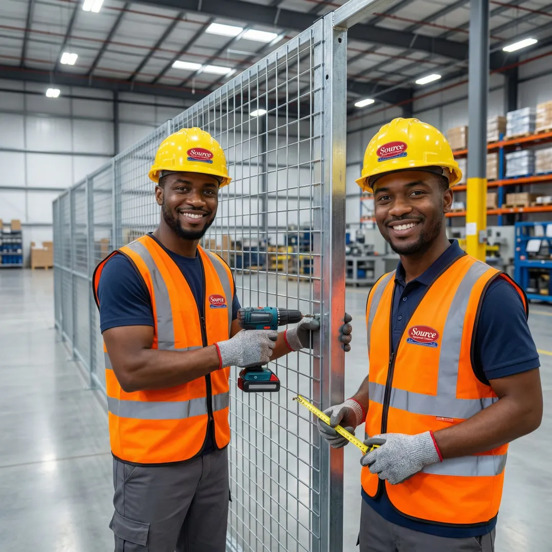 Security cage installation process in a warehouse with technicians assembling welded wire panels