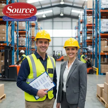 Consultant reviewing pallet rack layout plans with warehouse manager