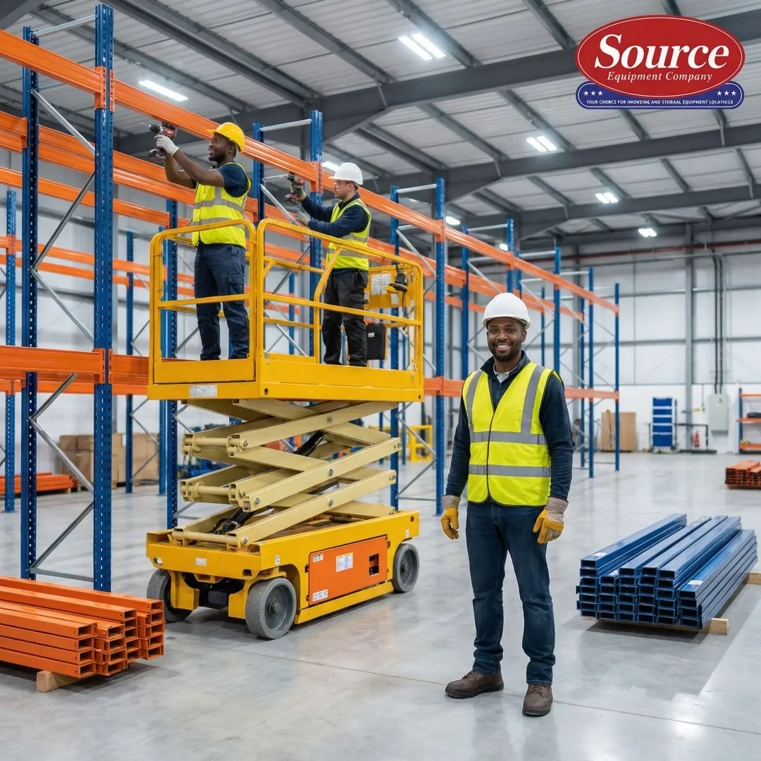 Warehouse racking installation crew assembling pallet racks in a Georgia distribution center