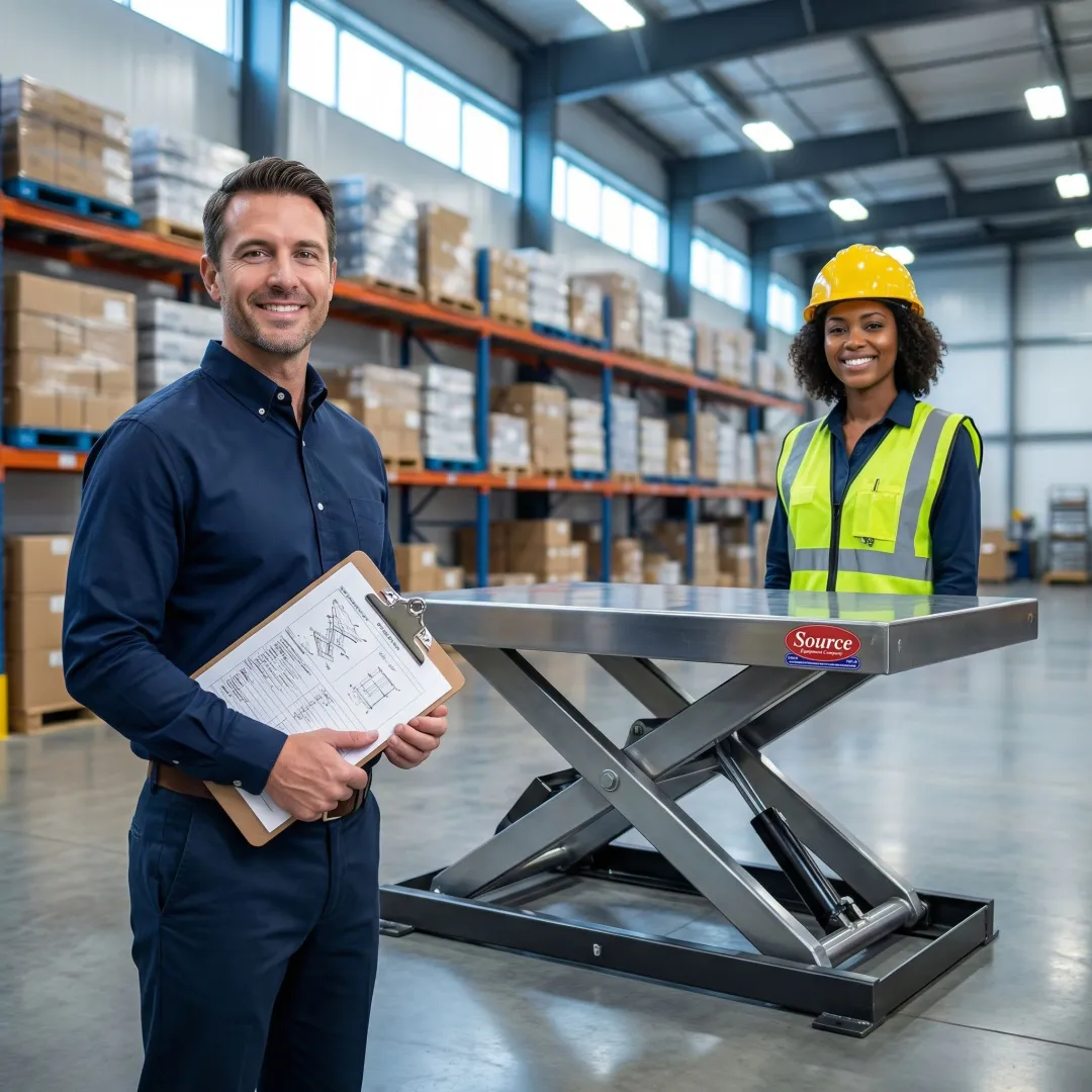 Technician consulting with a Florida warehouse manager about scissor lift table installation