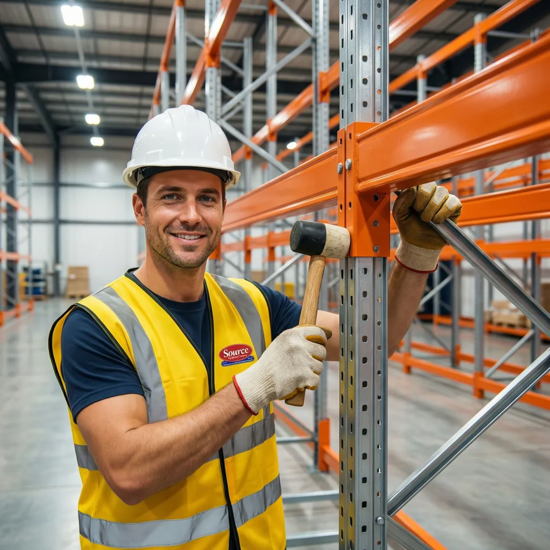 Warehouse technician installing pallet rack beams during a professional installation project