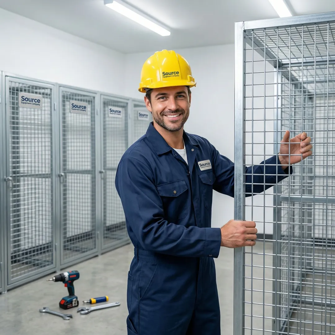 Technician installing wire mesh tenant storage lockers in an apartment building common area