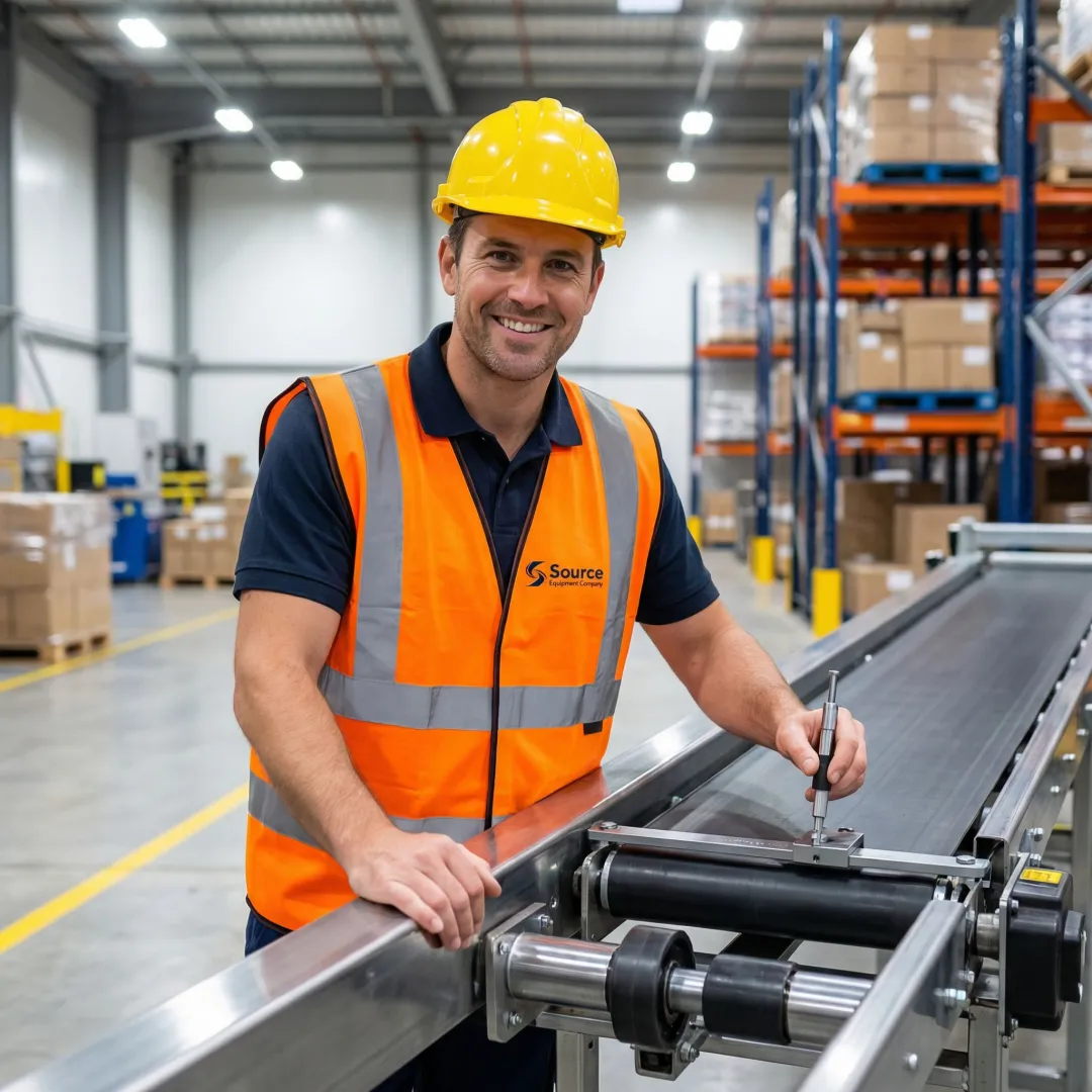 Technician installing and testing an industrial conveyor system in a warehouse