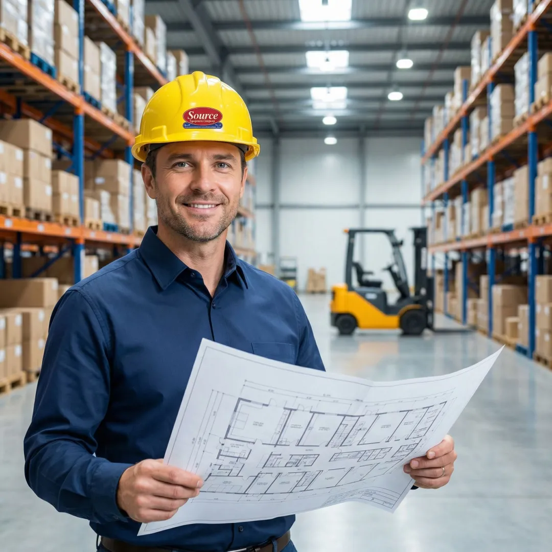 Warehouse consultant analyzing floor plan layout with clipboard in a large distribution facility