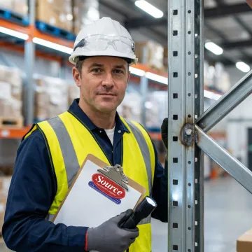 Safety inspector examining pallet rack uprights for damage in a warehouse