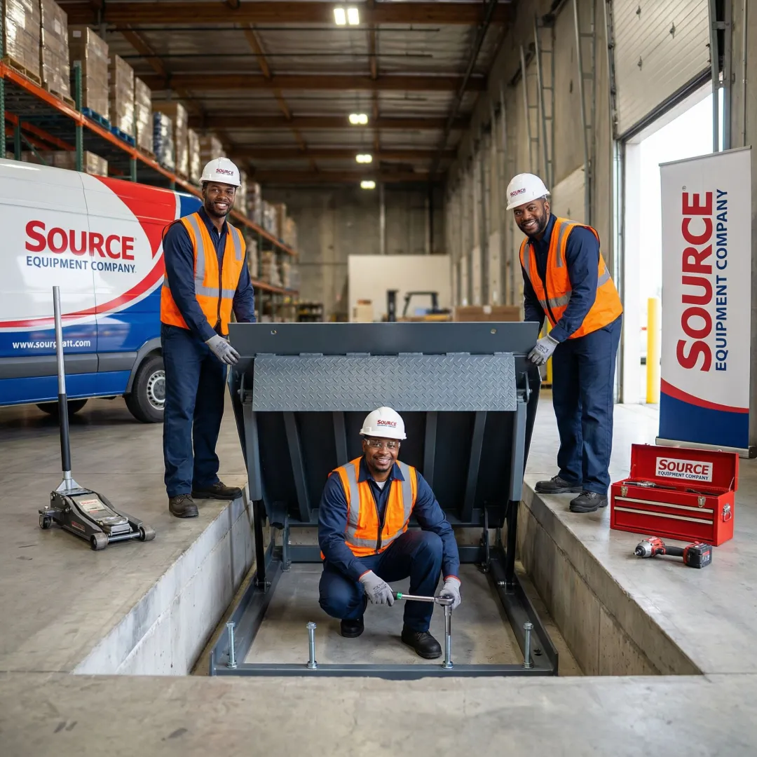 Loading dock equipment installation team working on a dock leveler pit