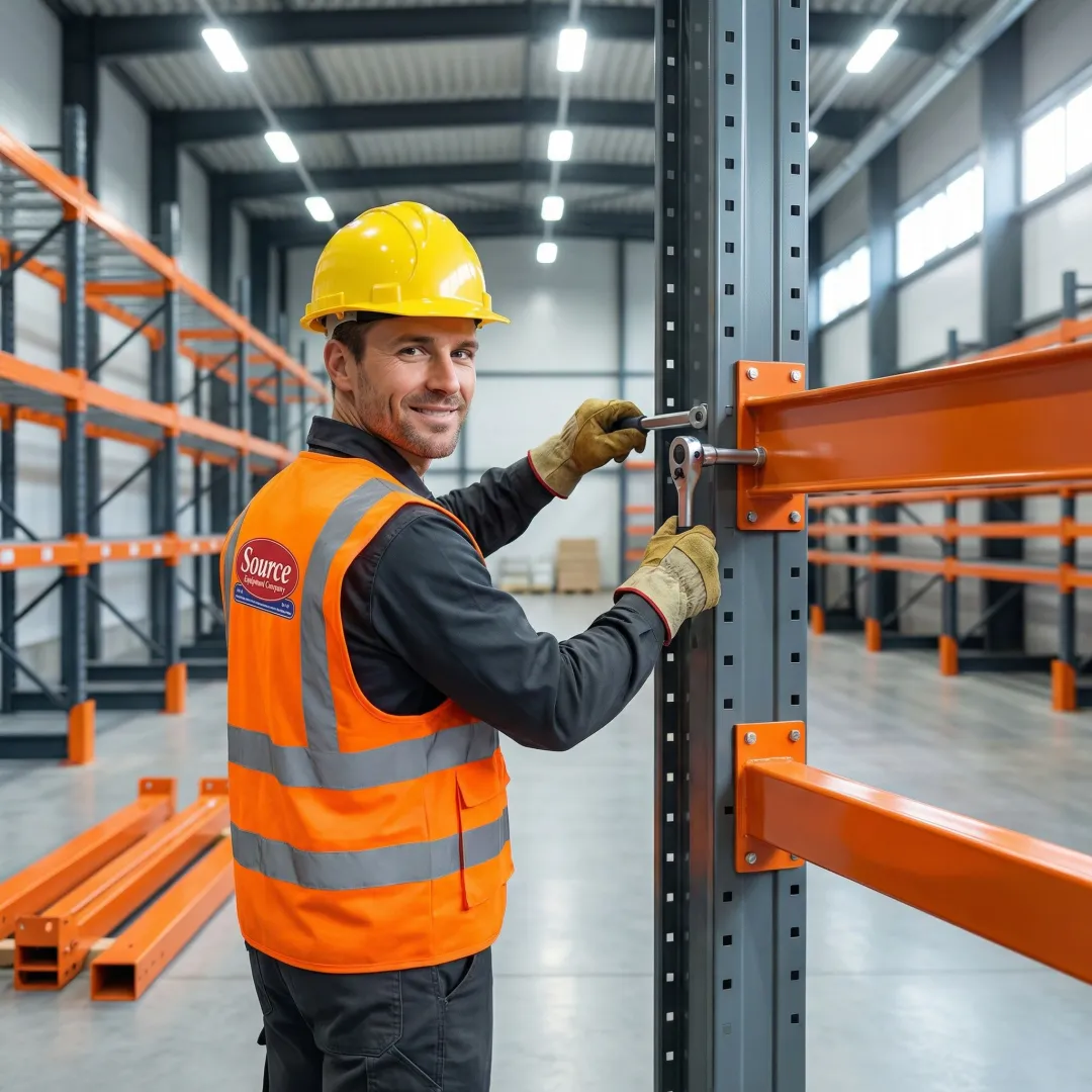 Warehouse technician installing cantilever rack arms on steel uprights