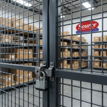 Close-up of USA-manufactured welded wire security cage with lock hardware in a warehouse setting