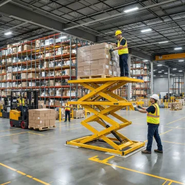 Industrial scissor lift table in a Connecticut warehouse facility