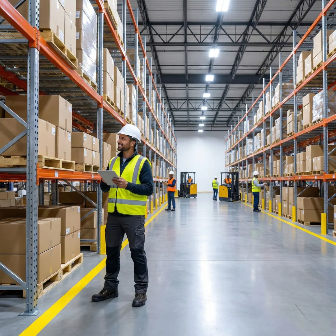 Warehouse technician inspecting newly installed pallet racking system