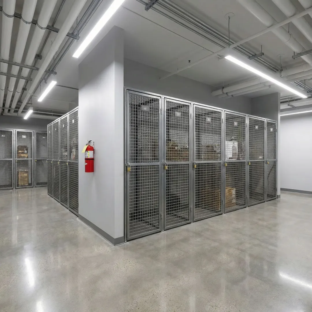 Custom tenant storage locker units installed in a Massachusetts apartment building