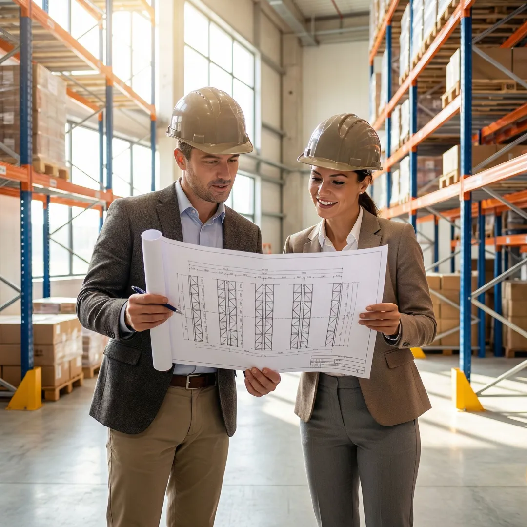 Warehouse consultant reviewing pallet rack installation plan with client