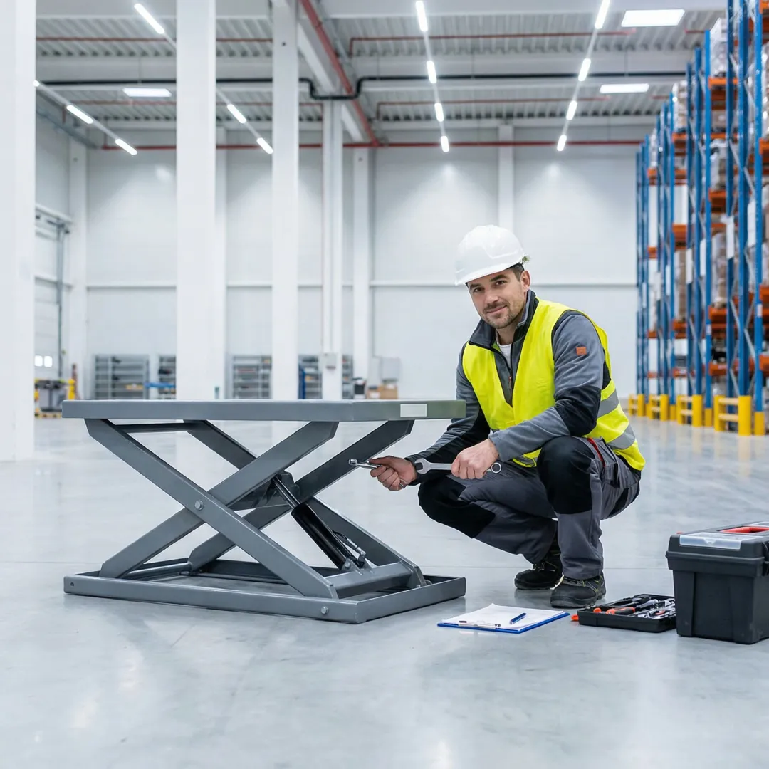 Technician inspecting an industrial scissor lift table during installation