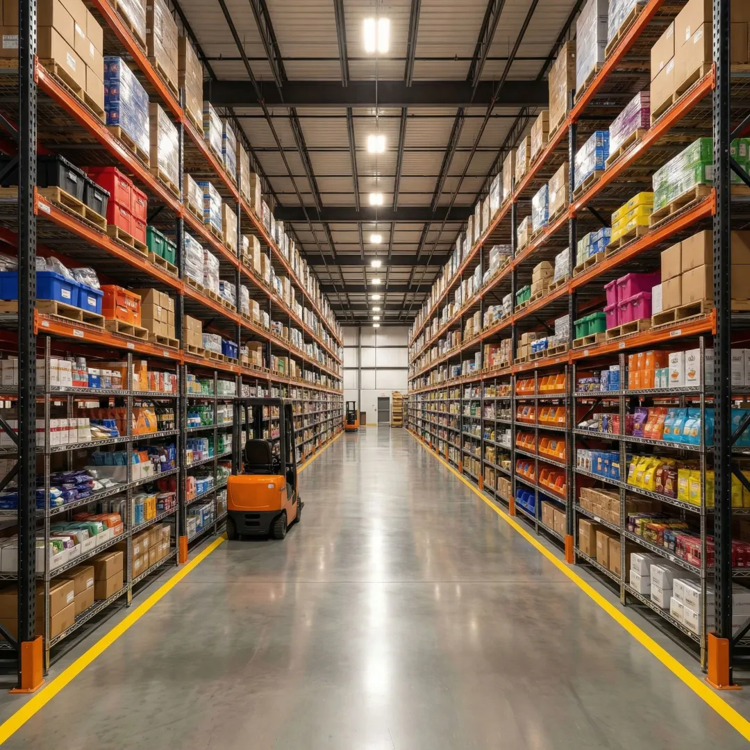 Custom warehouse storage system with organized shelving and pallet racks in a Pennsylvania distribution center