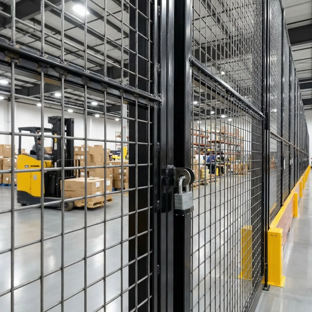 Custom welded wire security cage enclosure protecting high-value inventory in a distribution center