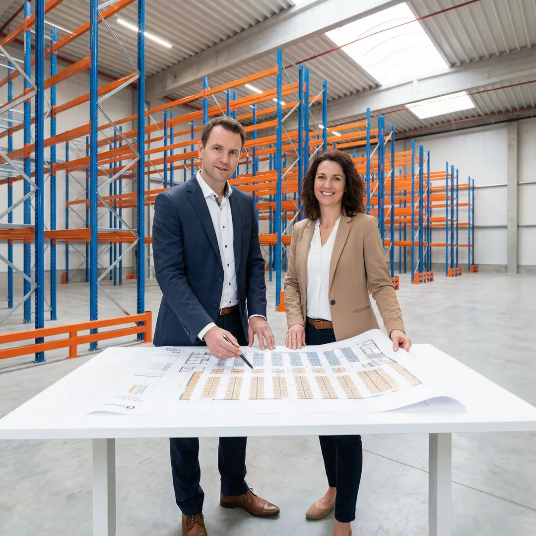 Warehouse specialist consulting with a client over a racking system layout plan in a Florida warehouse