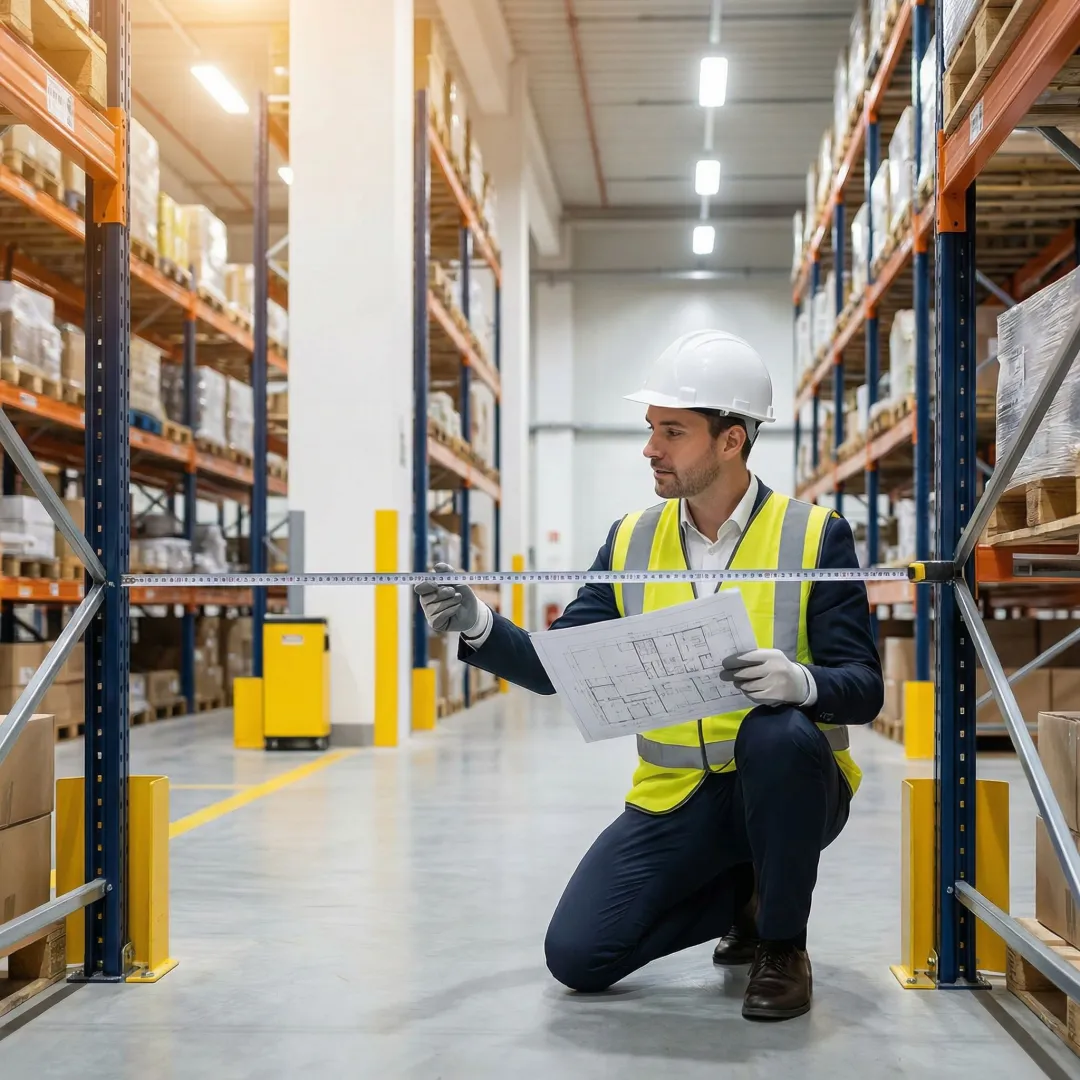 Warehouse specialist measuring and planning pallet rack installation layout