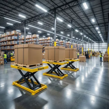 Presto scissor lift table in use at a Texas warehouse distribution center