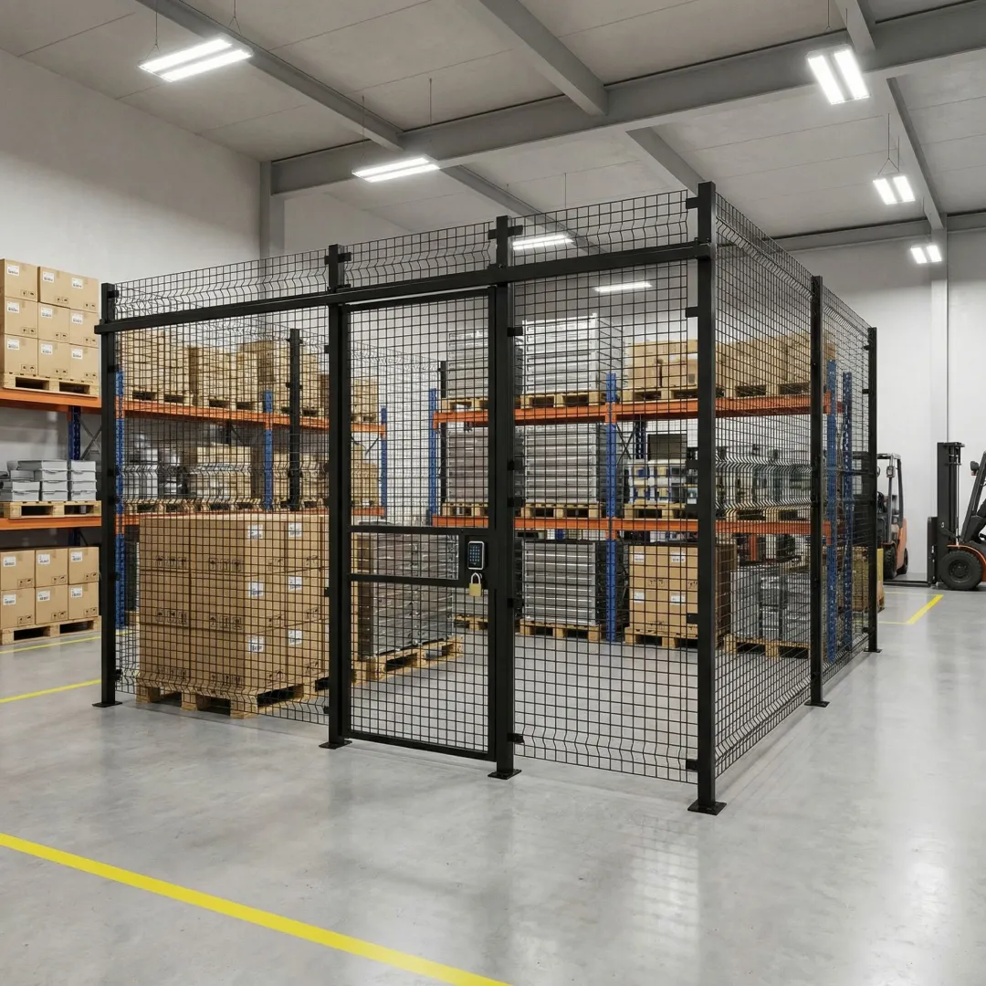 Custom welded wire warehouse security cage with access gate installed in a Maryland facility