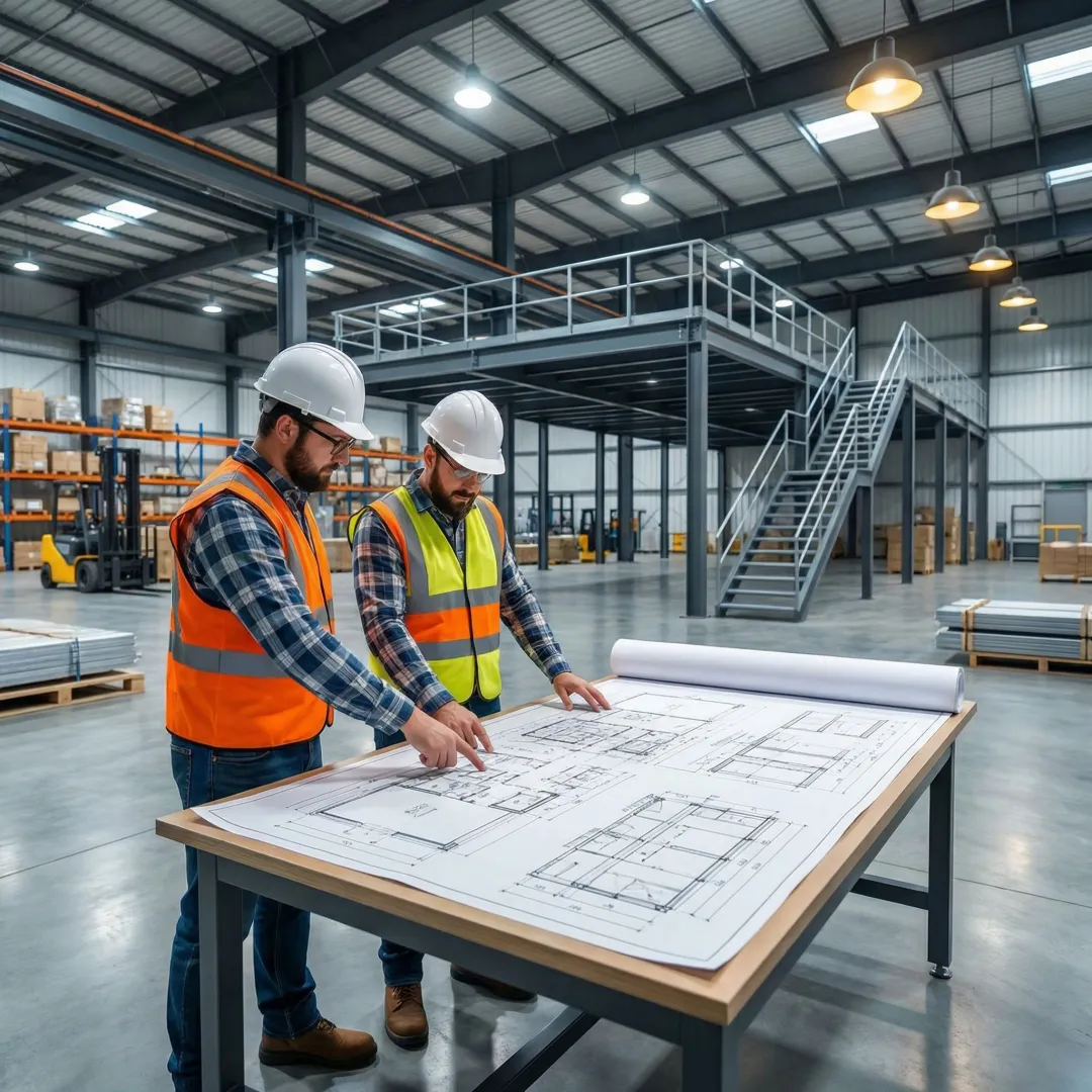 Engineers reviewing mezzanine installation plans inside a warehouse