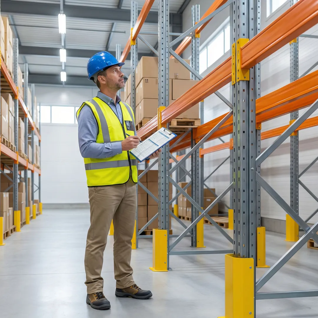 Warehouse safety consultant reviewing a clipboard checklist next to pallet racking