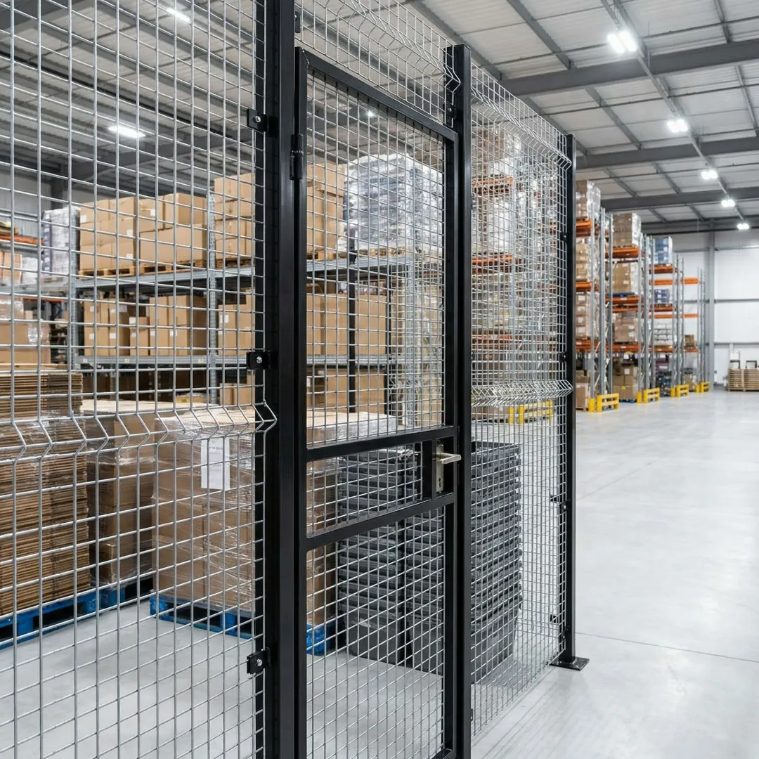 Custom welded wire security cage enclosure installed in a distribution warehouse
