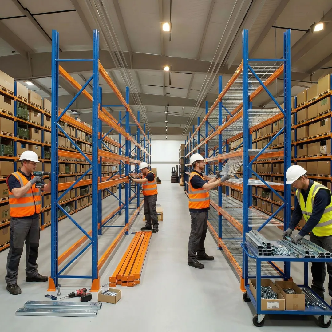 Warehouse shelving installation process showing technicians assembling industrial racks