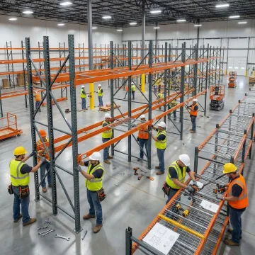 Industrial shelving installation in a large warehouse facility