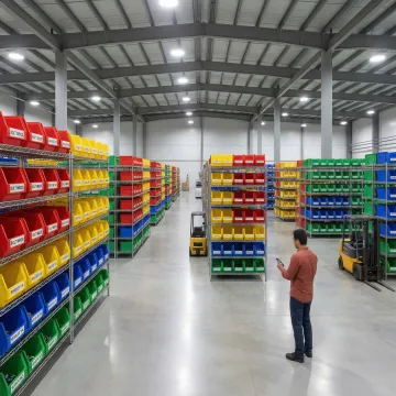 Custom storage bin system designed for an industrial warehouse facility