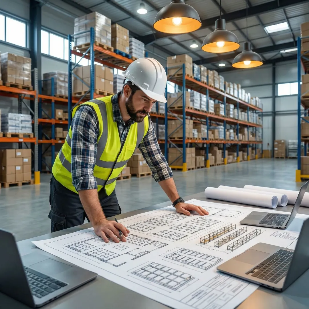 Warehouse specialist designing a custom storage bin system layout on a blueprint