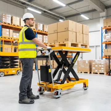 Warehouse worker safely using an ergonomic scissor lift table