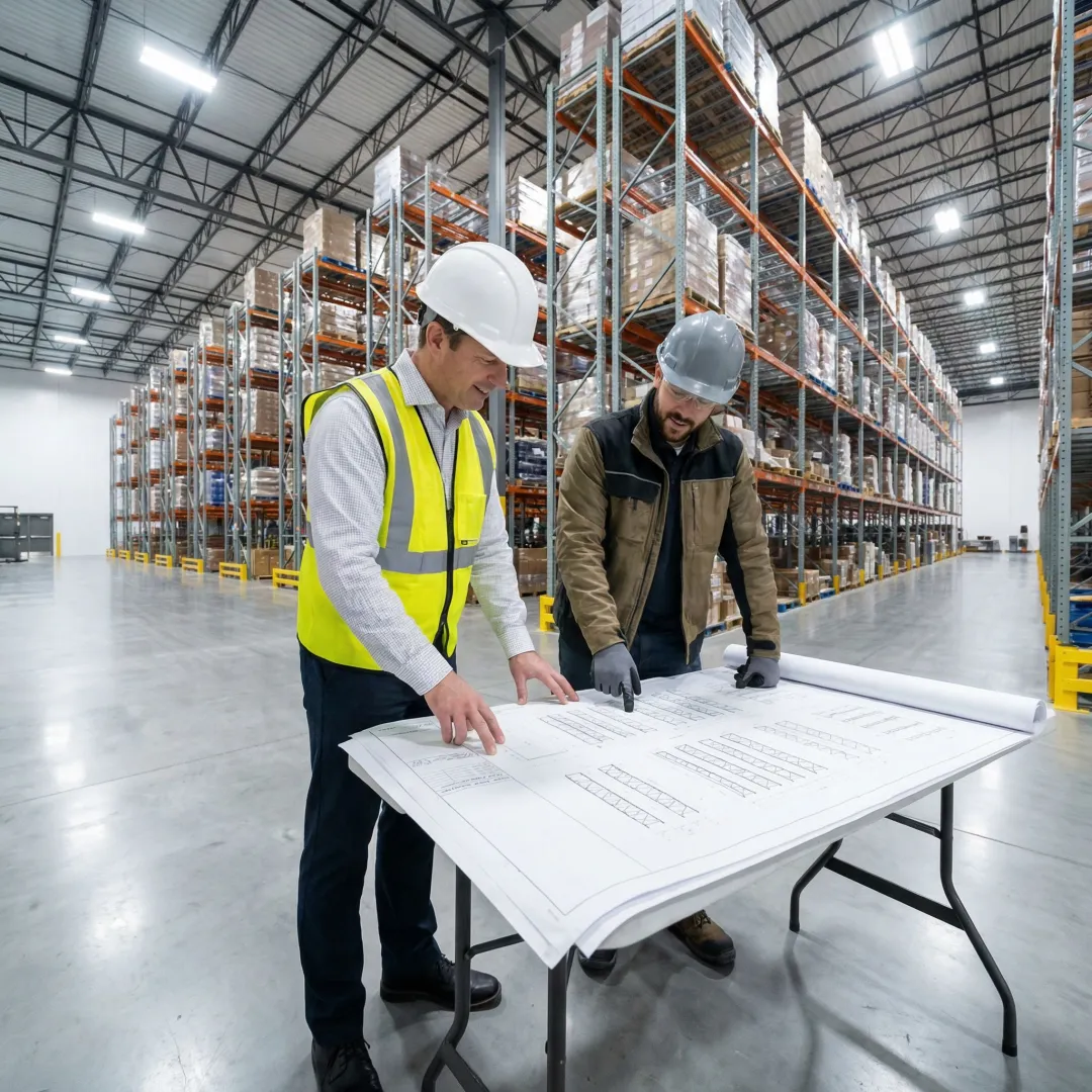 Warehouse team reviewing pallet rack installation plans at a Massachusetts facility
