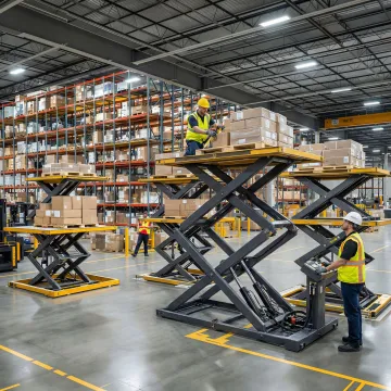 Hydraulic scissor lift table in a Massachusetts warehouse facility
