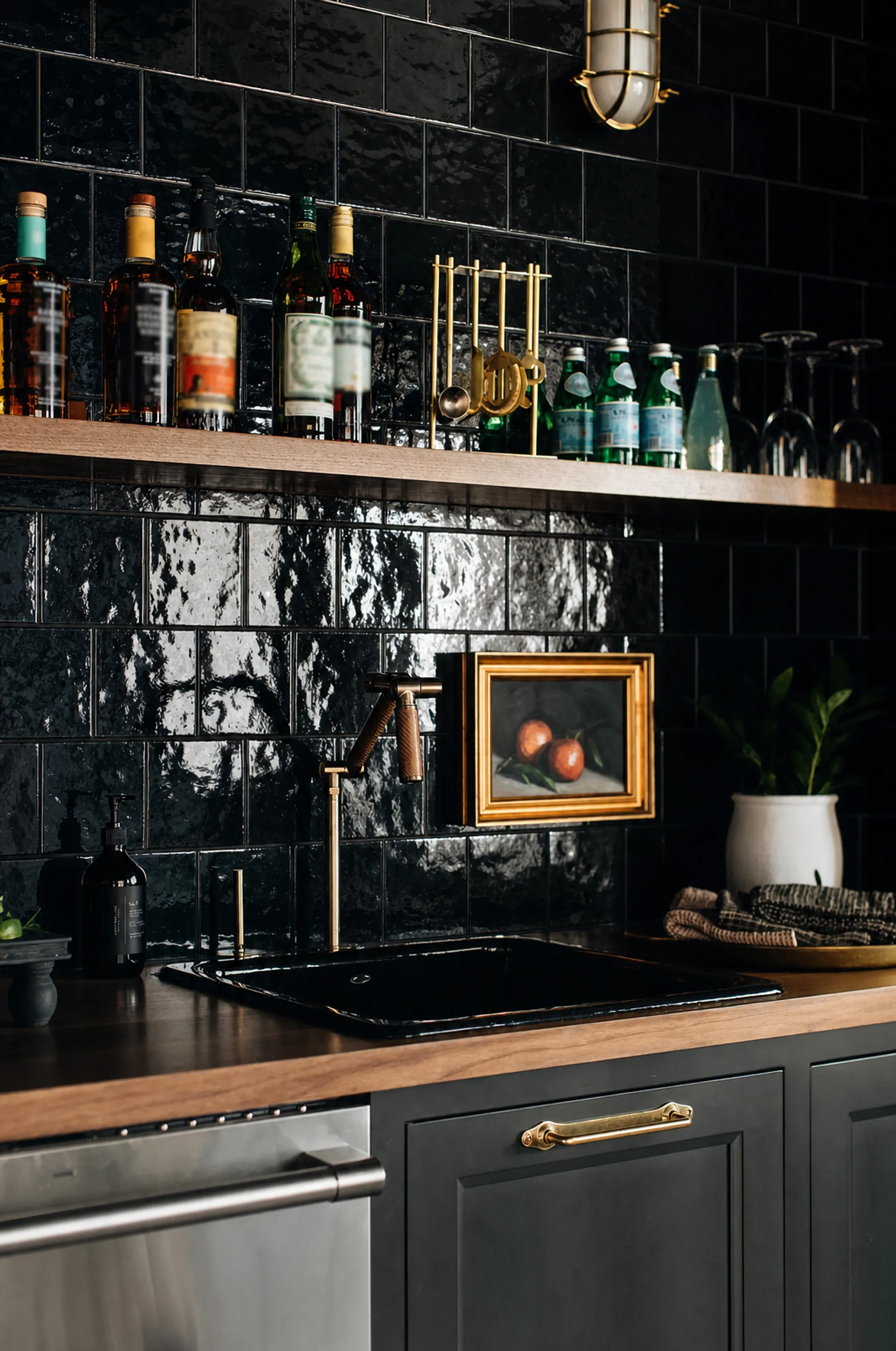 Glossy glazed ceramic tile backsplash installed in modern kitchen