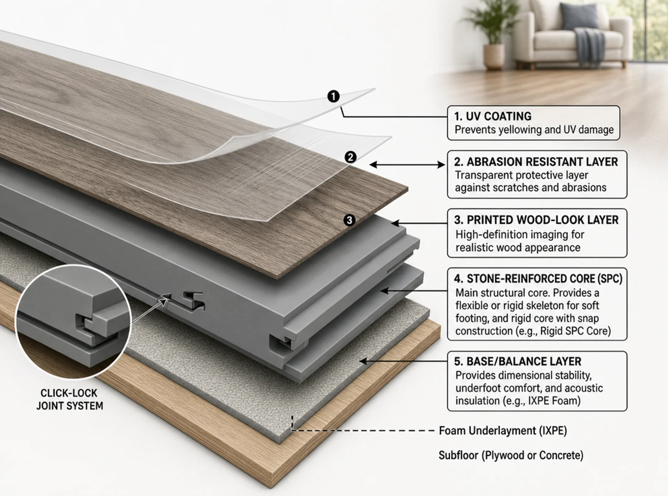 Luxury vinyl plank flooring installation showing click-lock layered construction