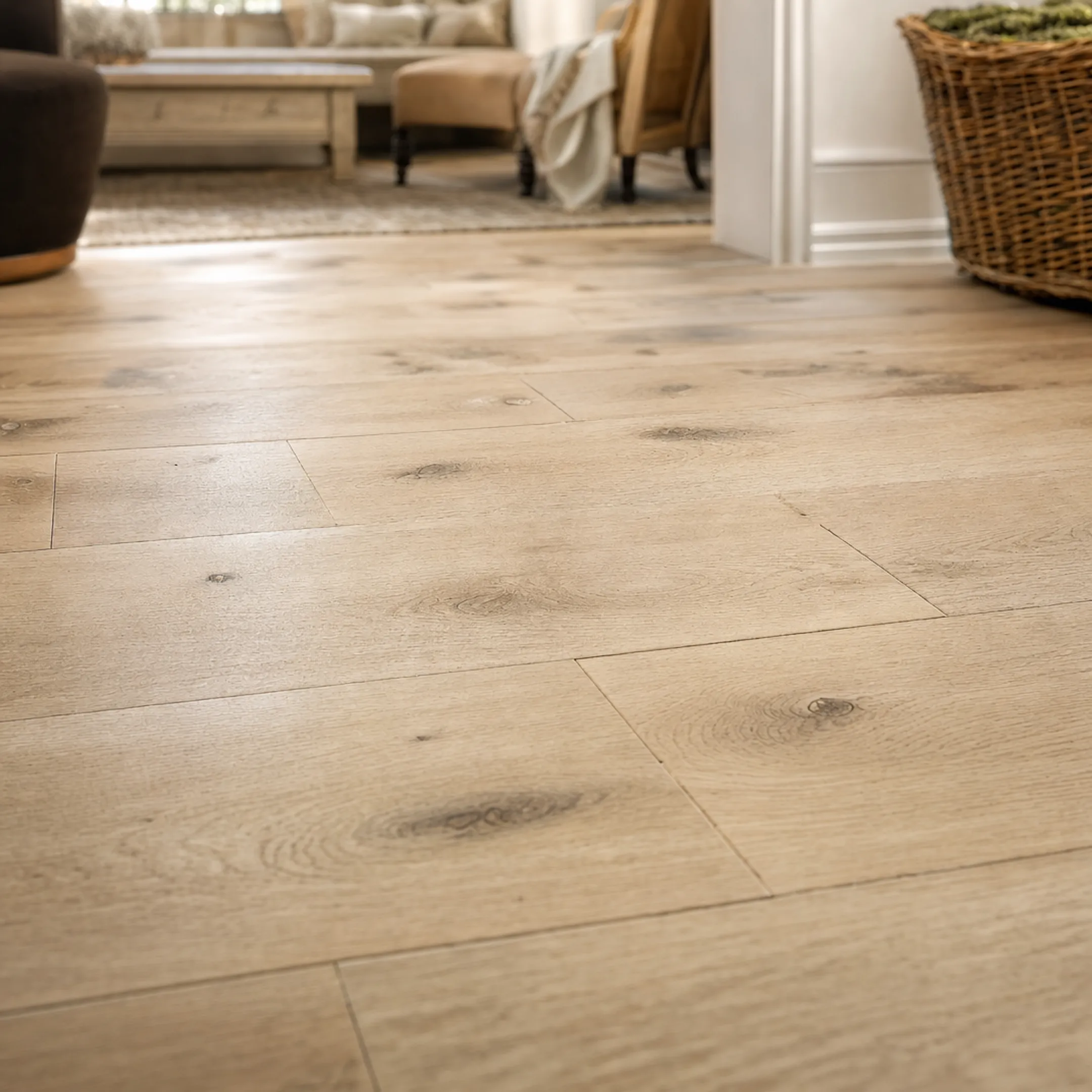 Close-up of engineered hardwood flooring showing natural wood grain variation
