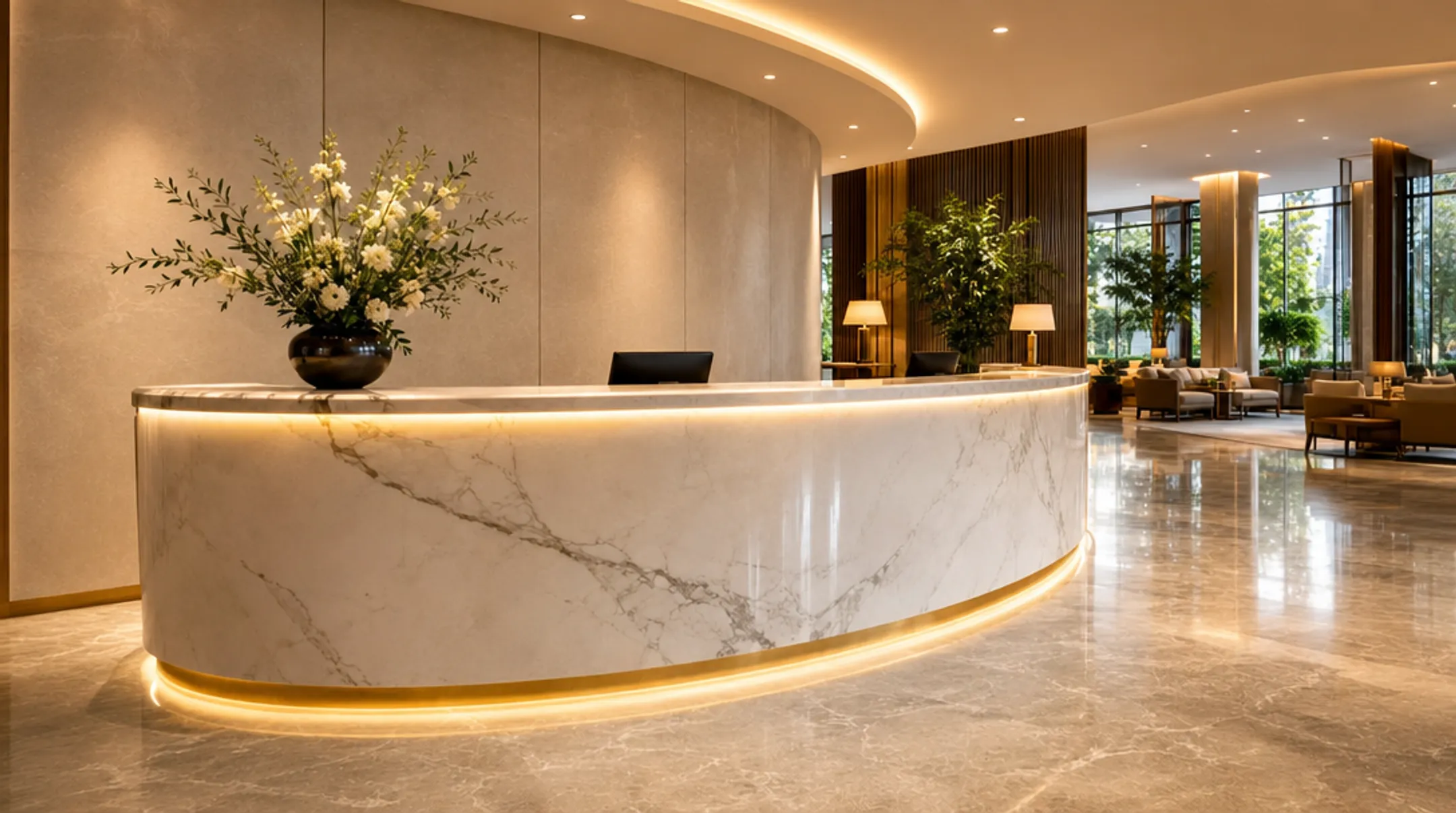 Elegant hotel lobby with polished stone flooring and modern reception desk