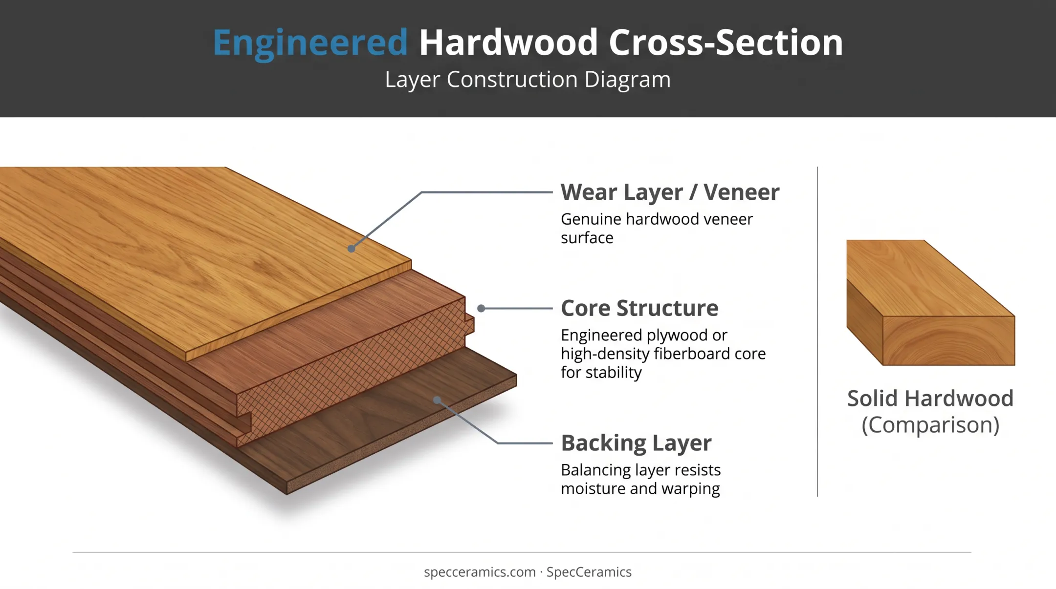 Engineered hardwood plank cross-section showing veneer and core layers