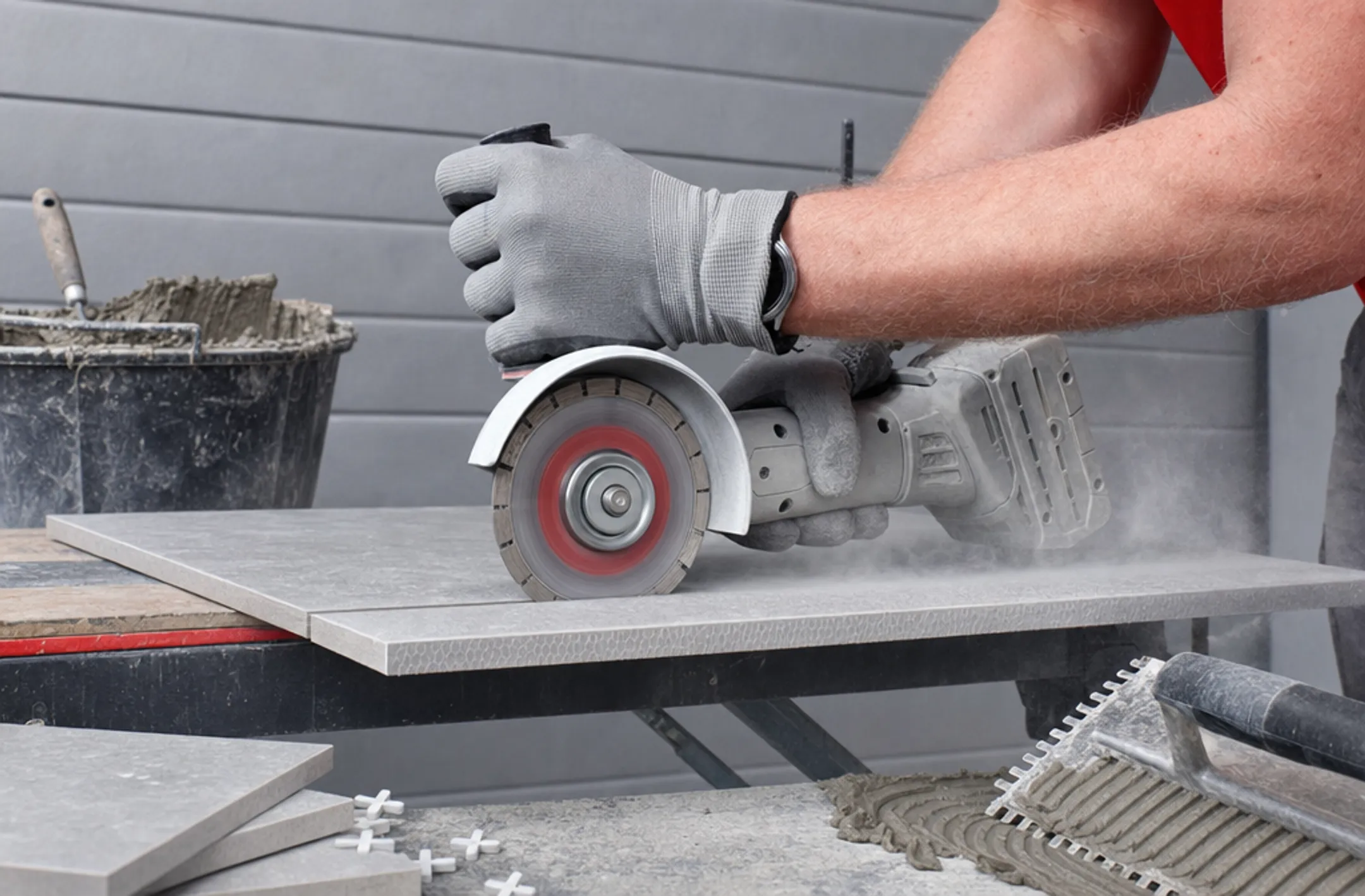 Tile installer applying adhesive and cutting porcelain tile with diamond blade