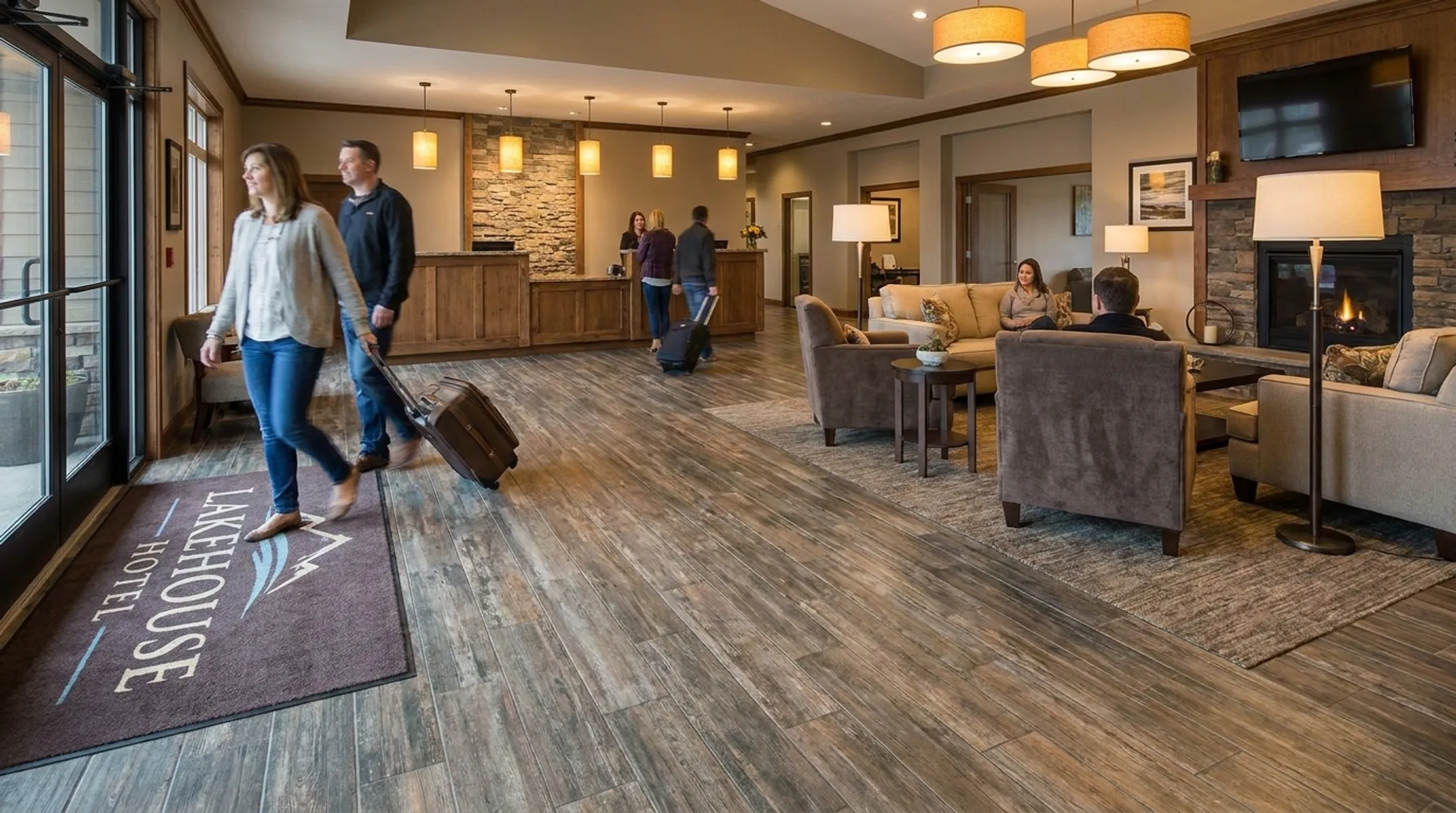 Hotel lobby wood-look porcelain tile flooring in lounge area