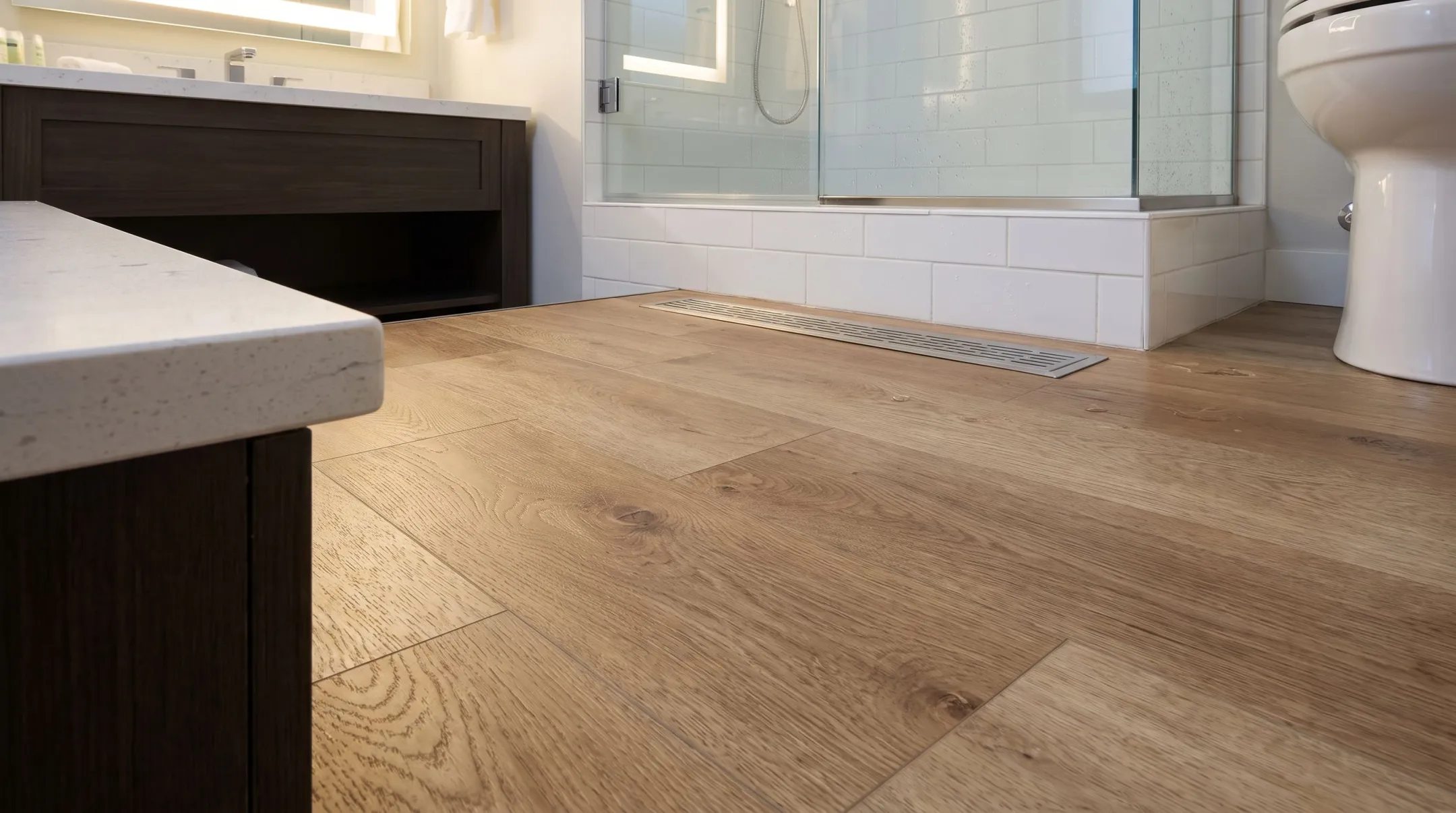 Luxury vinyl tile plank flooring installation in commercial hospitality bathroom