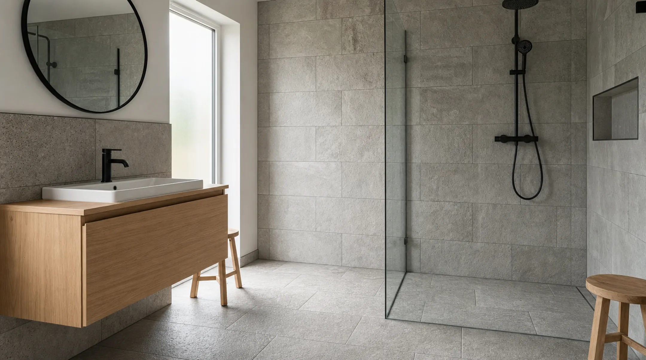 Textured porcelain tile flooring in hotel bathroom wet zone